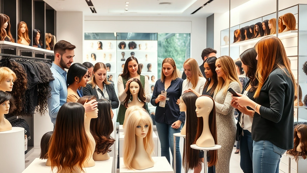 Diverse group of customers examining wig samples on display stands in upscale retail boutique, professional atmosphere, bright modern interior design