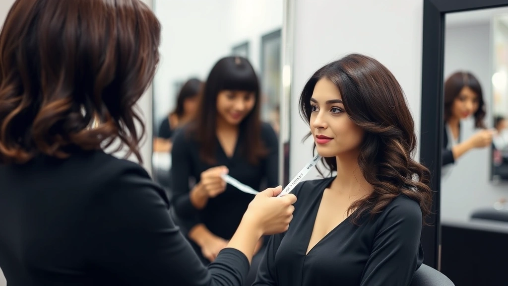 Female customer receiving professional wig fitting consultation with specialist in private salon room, measuring tape, mirrors, caring service environment