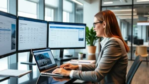 Professional business travel coordinator reviewing bus booking platforms on laptop in modern corporate office, multiple screens showing transportation schedules and pricing comparisons, organized workspace with documents