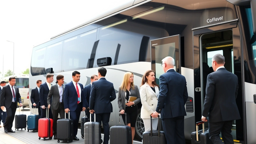 Corporate team boarding modern coach bus at transportation hub, diverse professionals with luggage, professional attire, daytime outdoor setting, organized queue boarding process