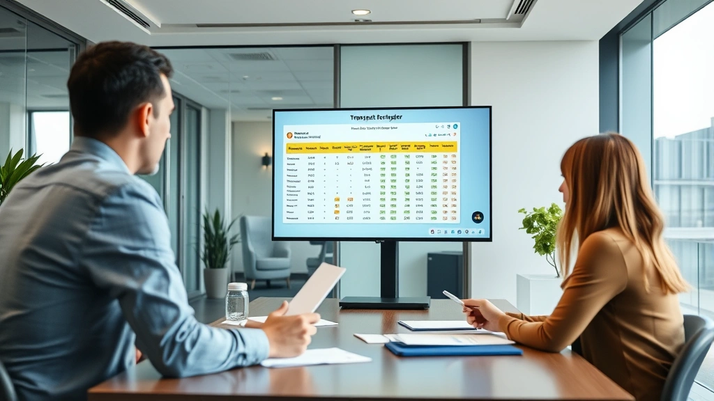 Transportation procurement manager conducting video conference call discussing bulk booking rates, modern office background, professional presentation materials on desk, negotiation meeting atmosphere