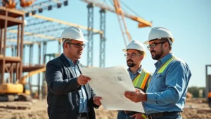 Professional civil engineers in hard hats reviewing construction blueprints at active job site with machinery and structural steel framework visible in background, sunny Texas afternoon