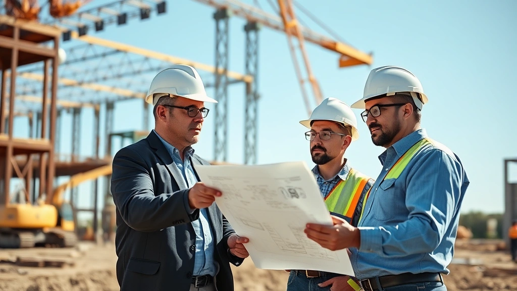 Professional civil engineers in hard hats reviewing construction blueprints at active job site with machinery and structural steel framework visible in background, sunny Texas afternoon