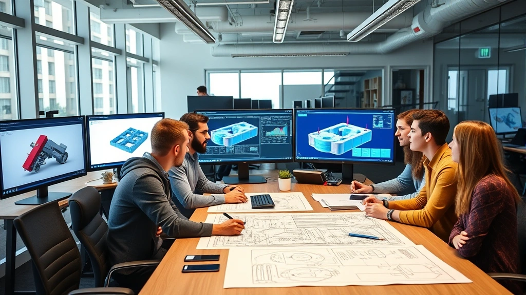Diverse engineering team collaborating in modern office using CAD workstations and technical equipment, reviewing 3D models on large displays with blueprints on conference table