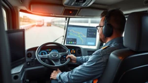 Professional truck driver in modern cab with digital dashboard and telematics display showing real-time fleet tracking and route optimization software interface