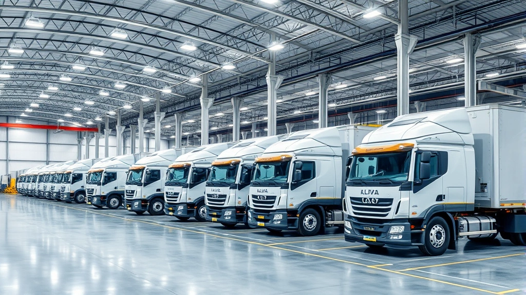 Modern trucking logistics facility with fleet vehicles lined up for loading and distribution operations, clean industrial warehouse setting