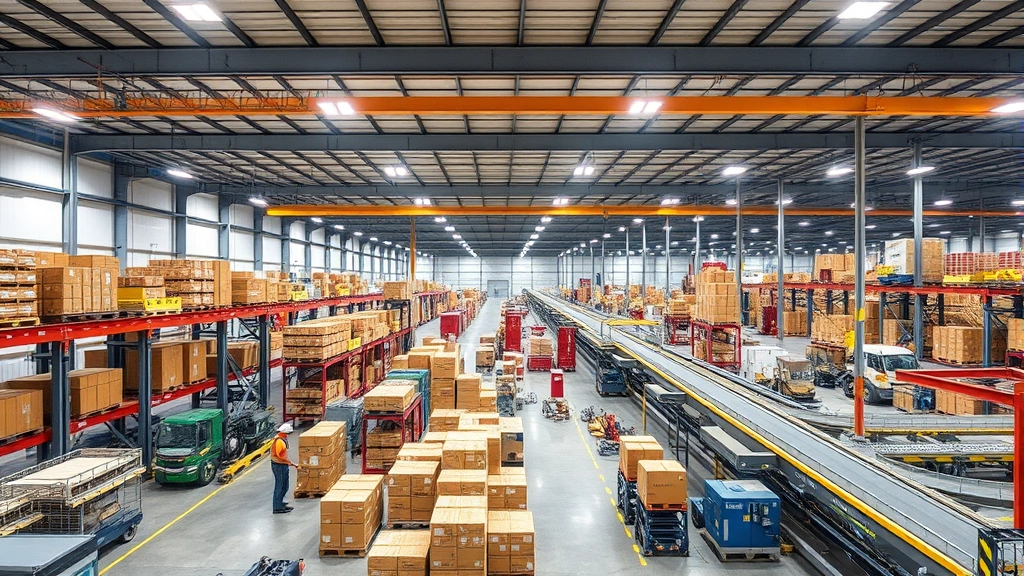 Distribution center interior showing conveyor systems, sorting equipment, and logistics infrastructure supporting modern freight operations