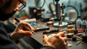 Luxury watch manufacturing workbench with skilled horologist using precision tools on delicate watch movement components, professional workshop lighting, magnifying glasses and specialized instruments visible