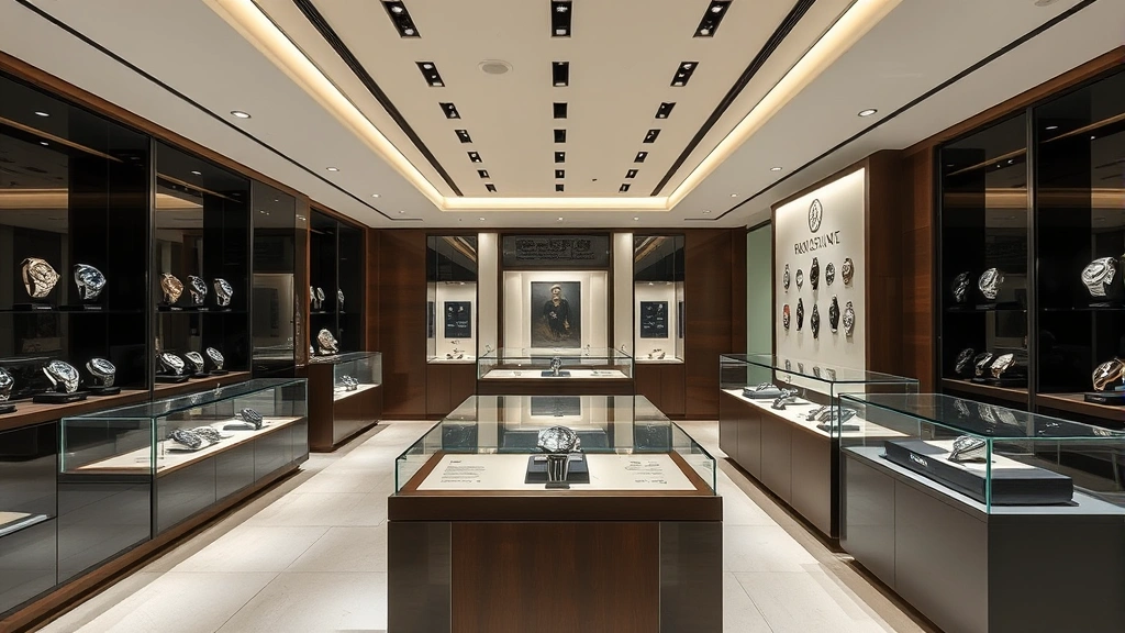 High-end watch boutique interior with glass display cases showcasing premium timepieces, elegant minimalist retail environment, soft ambient lighting highlighting watch details