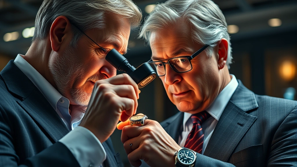 Wealthy collector examining luxury watch through loupe in upscale setting, professional photography lighting, precious metal watch visible, sophisticated business casual attire