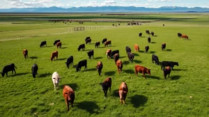 Aerial view of sprawling Colorado ranch pastures with healthy beef cattle grazing on green grassland, mountains visible in distant background, professional cattle operation with fencing infrastructure, natural lighting, daytime