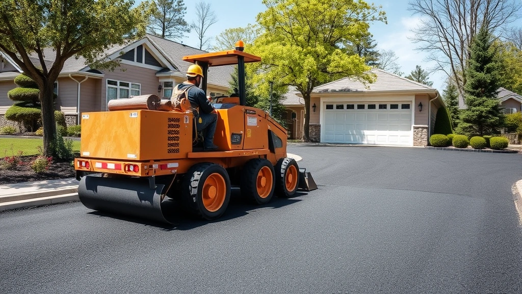 Professional asphalt paving crew operating heavy equipment on residential driveway, workers in safety gear, sunny day, quality workmanship visible