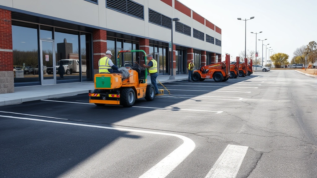 Commercial parking lot being sealed and striped by uniformed contractors, modern equipment, professional crew, completed sections visible, bright daylight