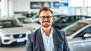 Professional businessman in business casual attire standing confidently in modern car rental facility with vehicles visible in background, bright natural lighting, clean corporate environment