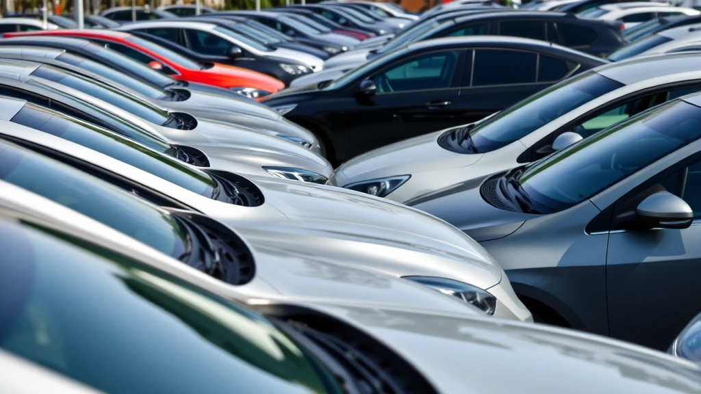 Close-up of rental car fleet showing rows of well-maintained vehicles in organized parking lot, professional automotive setting, clear daytime lighting, diverse vehicle types