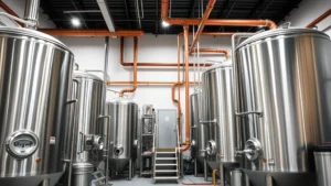 Professional brewery interior with stainless steel fermentation tanks, copper piping, and modern production equipment, showcasing quality craftsmanship and industrial design in a clean, well-organized facility