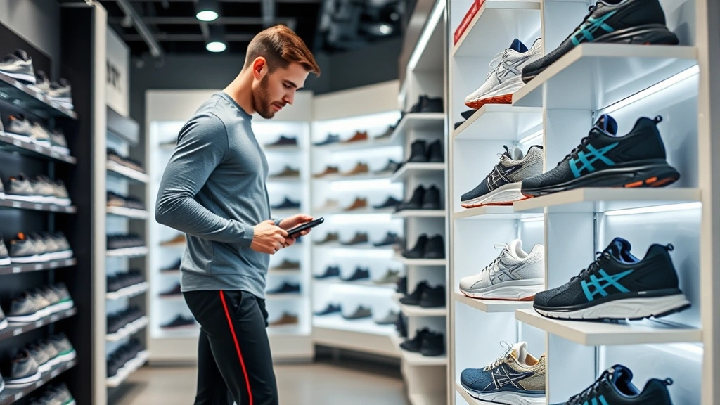 Professional running shoe display on modern retail shelving with athletic runner examining footwear in well-lit specialty running store environment, neutral background, focus on shoe details and quality craftsmanship