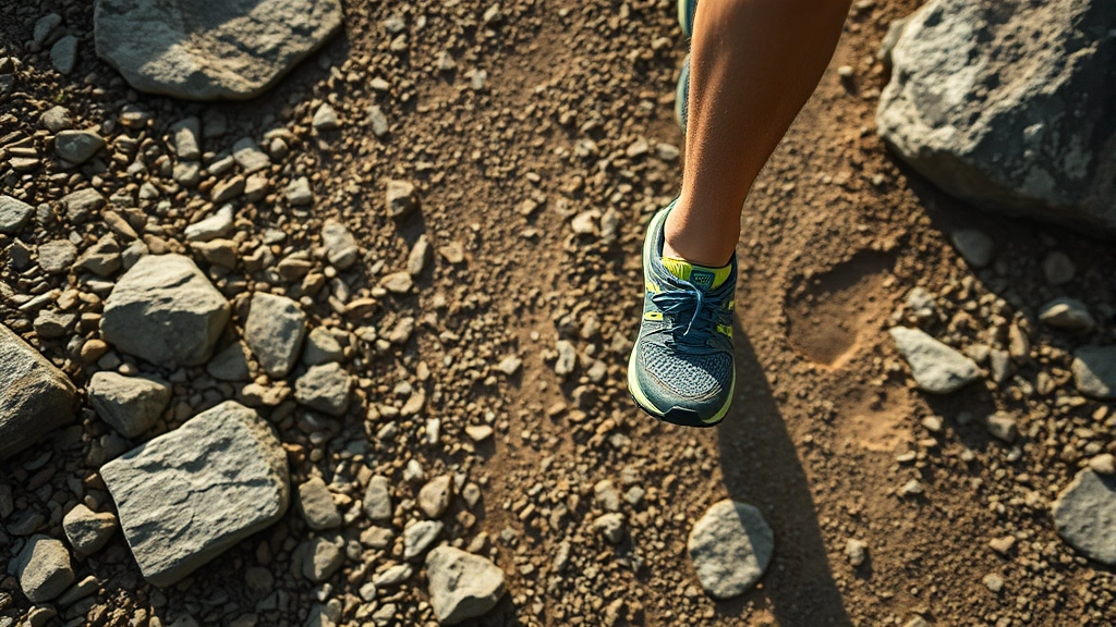 Overhead action shot of runner's feet mid-stride on mountain trail near Bozeman with dynamic movement, natural rocky terrain visible, showing trail shoe traction in real-world running conditions