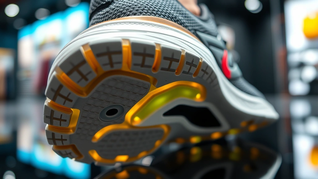 Close-up of running shoe cross-section showing cushioning foam technology, midsole construction, and support architecture with professional product photography lighting, corporate retail environment aesthetic