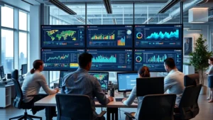 Modern corporate office workspace with professionals collaborating around digital displays showing gaming analytics dashboards and performance metrics