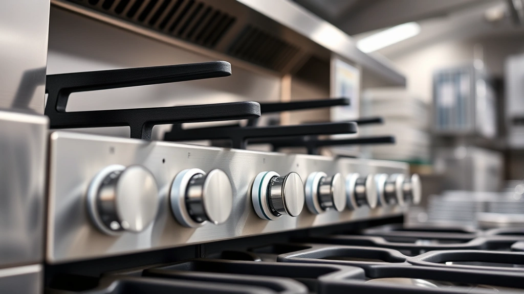 Professional stainless steel commercial gas stove burner assembly with precision controls in a modern restaurant kitchen, showing multiple burner zones with individual temperature regulators, modern industrial design, professional photography