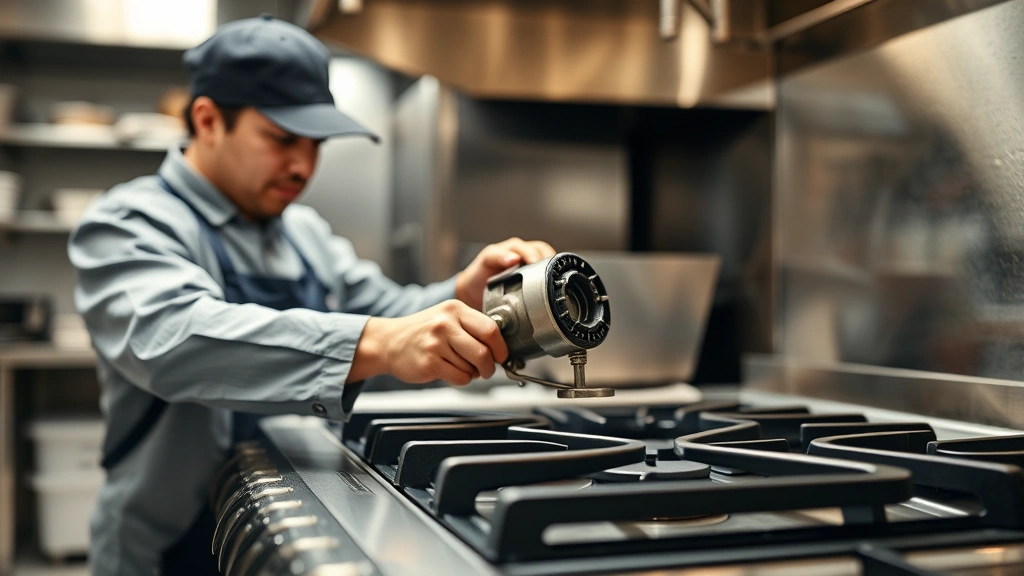 Commercial kitchen technician performing maintenance on gas stove burner components, removing and cleaning modular burner parts, well-lit professional kitchen environment, demonstrating equipment serviceability and durability