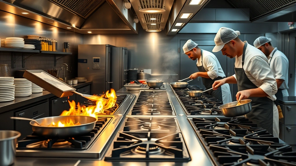 High-volume food service kitchen during peak service hours with professional chefs cooking simultaneously on multi-burner gas stove stations, dynamic action shot showing real-world cooking performance, busy restaurant kitchen atmosphere