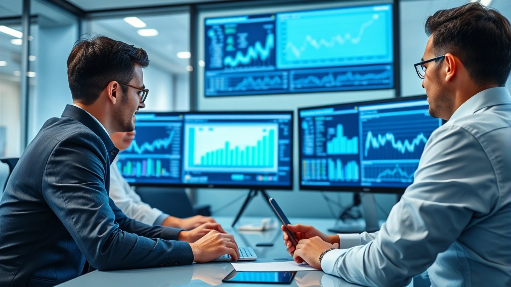 Professional business team analyzing financial data on computer screens in modern office conference room, multiple monitors displaying charts and metrics, focused collaborative atmosphere