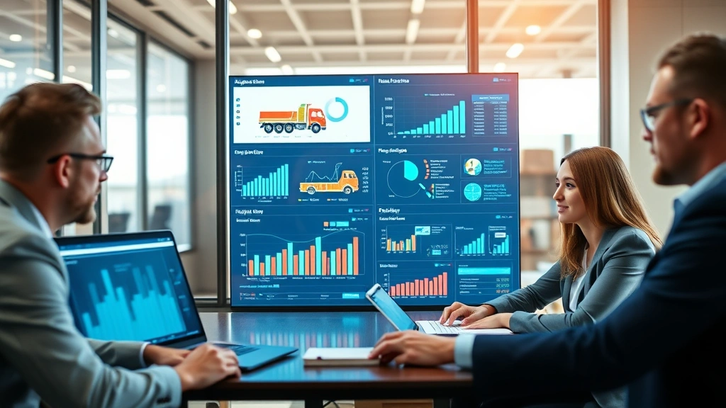 Executive leadership team reviewing supply chain logistics network visualization, interactive dashboard displays showing vendor performance metrics and cost optimization data, strategic planning session