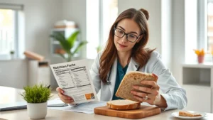 Professional nutritionist reviewing bread nutrition labels at a modern health clinic desk, holding sliced whole grain bread, analyzing food packaging with magnifying glass, natural lighting from windows, clean minimal workspace