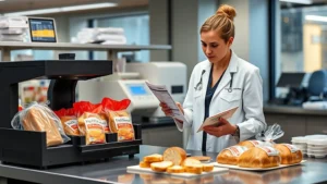Professional dietitian reviewing bread packaging nutrition labels in modern laboratory setting with bread samples and testing equipment on stainless steel counter