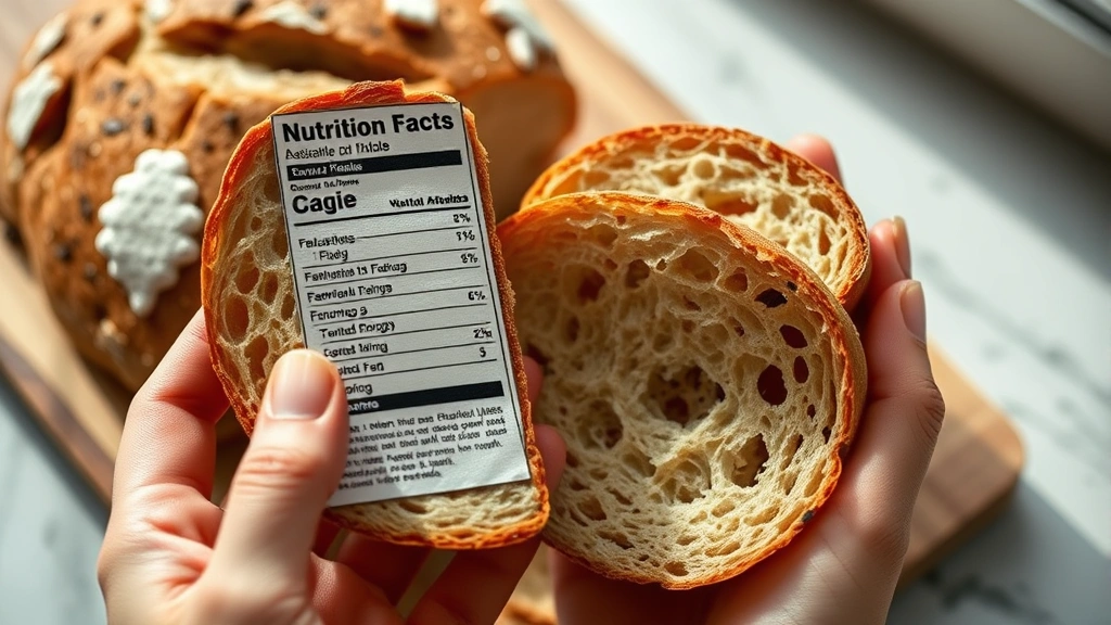 Close-up of hands holding sliced artisanal bread next to nutrition facts label, natural lighting, showing bread texture and freshness with clean workspace