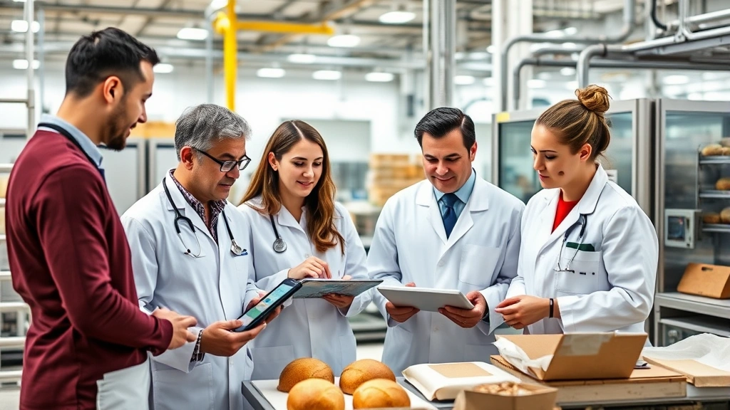 Diverse team of food scientists and nutritionists collaborating in modern food manufacturing facility, reviewing nutrition data on tablets and discussing bread formulations