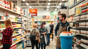 Professional hardware store interior with organized product displays, knowledgeable staff member in apron assisting customer near paint and supplies section, warm lighting, clean modern retail environment, customers browsing shelves