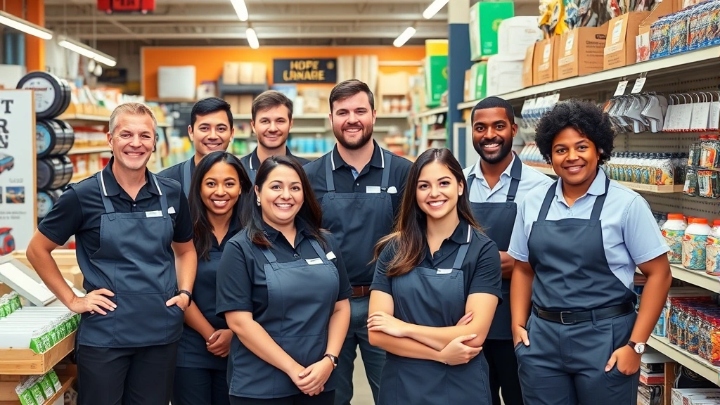 Diverse team of retail employees smiling in hardware store setting, wearing branded uniforms, standing among home improvement products, professional training environment, welcoming customer service atmosphere
