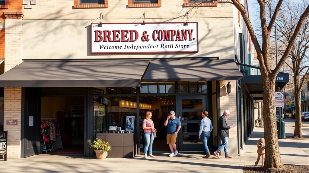 Charming Austin storefront exterior with Breed and Company signage, customers entering welcoming independent retail store, neighborhood street setting, morning sunlight, local business aesthetic, Texas architectural style