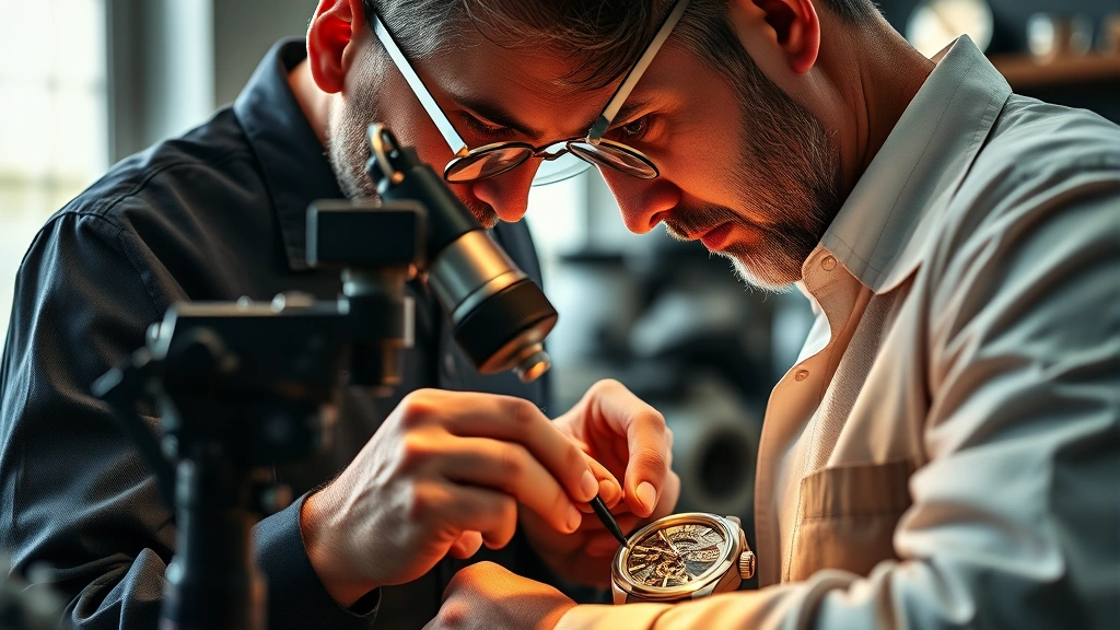 Luxury watchmaker craftsman examining precision watch movement with jeweler's loupe in well-lit workshop, professional setting, detailed hand and watch mechanism visible