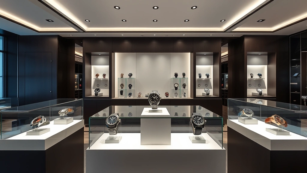 Premium watch display case in upscale retail environment with elegant lighting, multiple luxury timepieces on white pedestals, contemporary minimalist showroom design