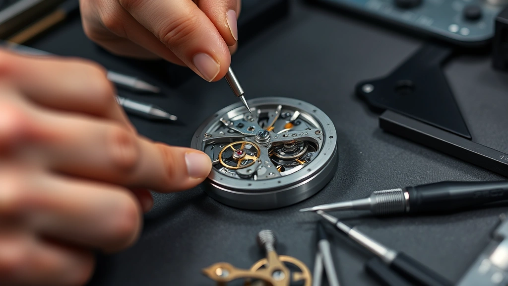 Hands assembling high-end mechanical watch movement with precision tools on work surface, close-up of intricate components, professional horological workspace