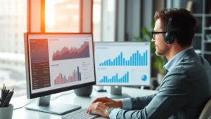 Professional business executive reviewing financial reports and data analytics on computer screen in modern office environment, charts and graphs visible on monitor