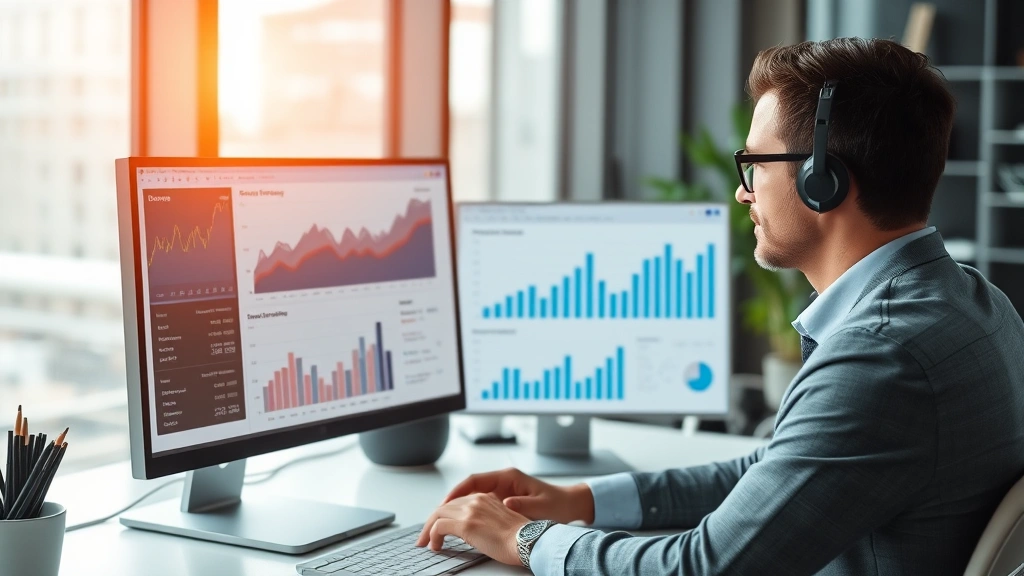 Professional business executive reviewing financial reports and data analytics on computer screen in modern office environment, charts and graphs visible on monitor
