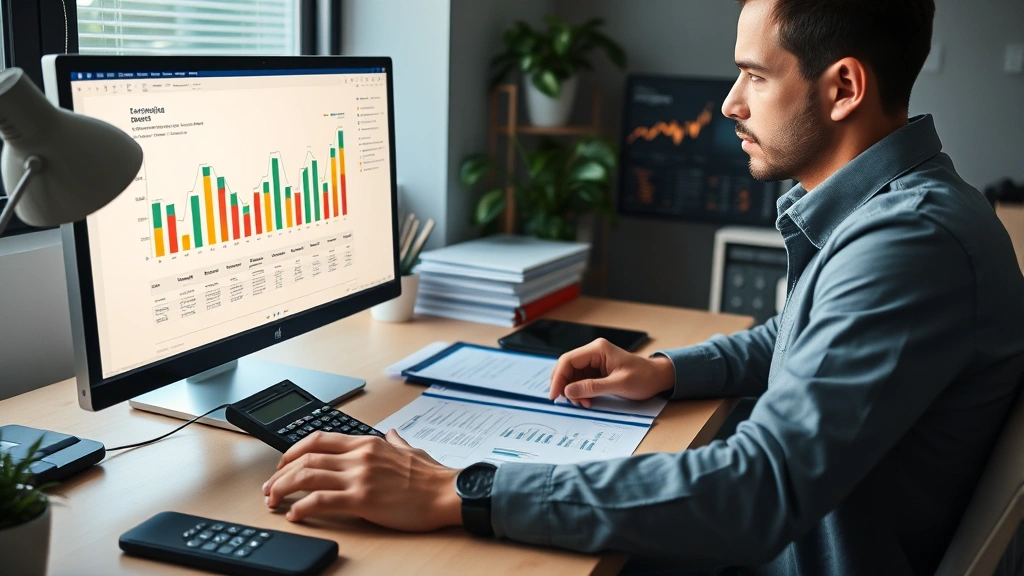 Senior finance manager working at desk with calculator, financial documents, and computer displaying revenue dashboard, organized workspace