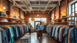 Professional vintage retail boutique interior in Brooklyn with carefully curated clothing racks, warm lighting, and customers browsing; exposed brick walls and minimalist fixtures; photorealistic, daytime shot