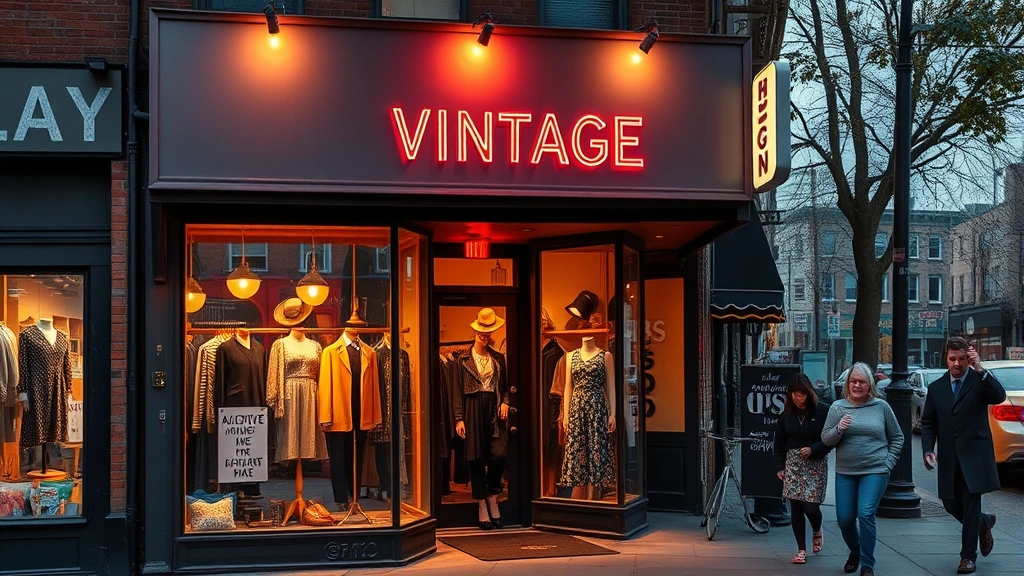 Thriving Brooklyn vintage shop storefront during evening hours with warm interior lighting, display windows featuring styled vintage outfits, pedestrians window shopping; vibrant neighborhood street setting