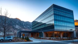Modern office building with glass architecture in Colorado mountain setting, professional business district during golden hour, contemporary corporate headquarters with landscaping, clear blue sky, no text or signage visible
