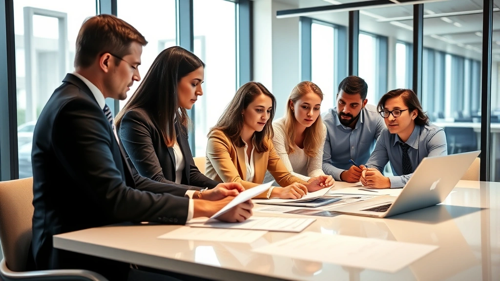 Diverse team of business professionals in modern conference room collaborating, reviewing data on table, natural lighting from windows, contemporary office environment, professional attire, focused engaged expressions, no visible documents or text