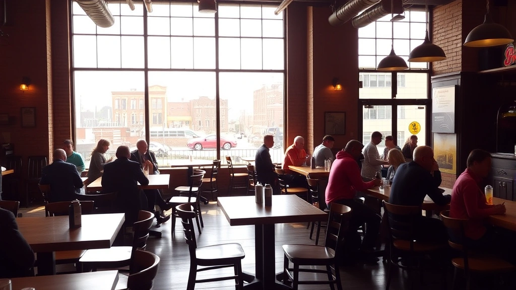 Warm, inviting breakfast restaurant interior with wooden tables, natural light streaming through large windows, customers enjoying meals and conversations, industrial-style architecture, Buffalo cityscape visible outside