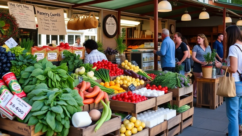Local farmer's market vendor stall displaying fresh produce including seasonal vegetables, dairy products, and farm-fresh ingredients in wooden crates, morning sunlight, customers browsing quality foods