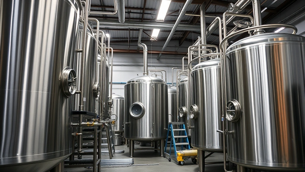 Brewery production floor with stainless steel fermentation tanks, pipes, monitoring equipment in industrial setting, professional clean facility, professional atmosphere