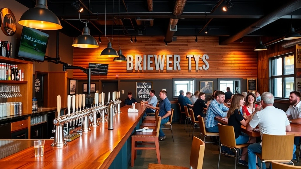 Modern brewery taproom interior with wooden bar counter, tap handles, warm lighting, comfortable seating for patrons, welcoming atmosphere, people enjoying beverages